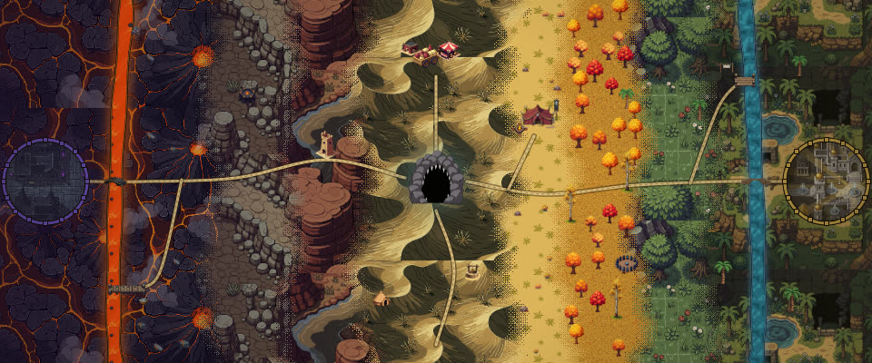 Illustrated map of Najd: Moon City and the river of lava in the west, Kahf Al-Arwah at the centre, Sun City and the river of pure water in the east