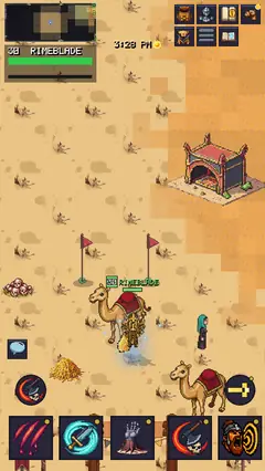 The Open Sands — saddled camels and banners at a desert waystone