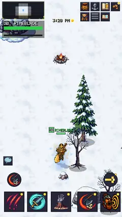 The Snowfields — a campfire burning alone in the snow, a lone pine beside it